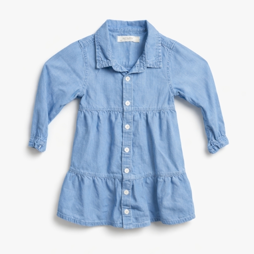Kendi Girls Chambray Button Front Dress 2T Blue Tiered Long Sleeve